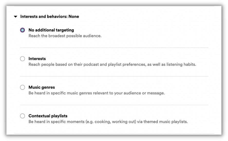 spotify advertising - how to run spotify ads - include interests and behaviors