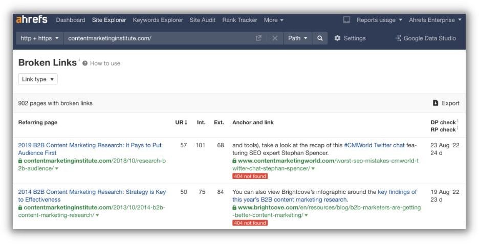website maintenance - ahrefs broken link checker example from content marketing institute