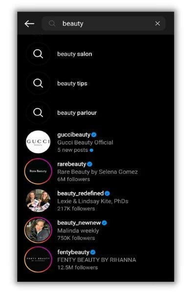 verify Instagram - screenshot of an Instagram search for beauty brands