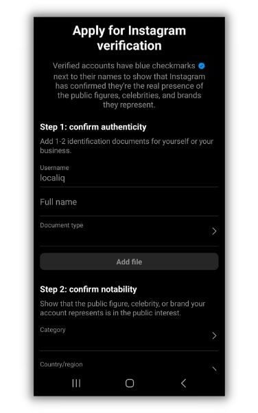 Instagram verify - screenshot of the Instagram verification application