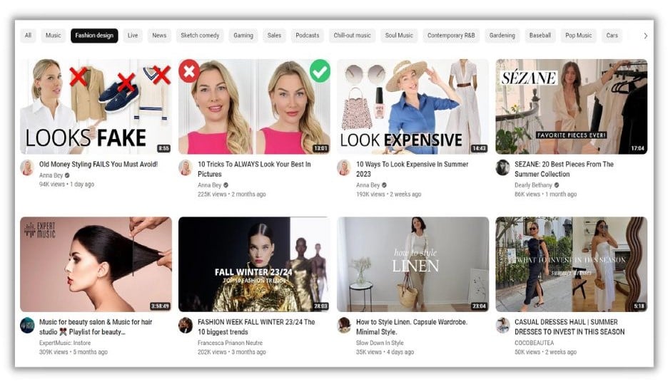 YouTube posting times - screenshot of a YouTube search for fashion