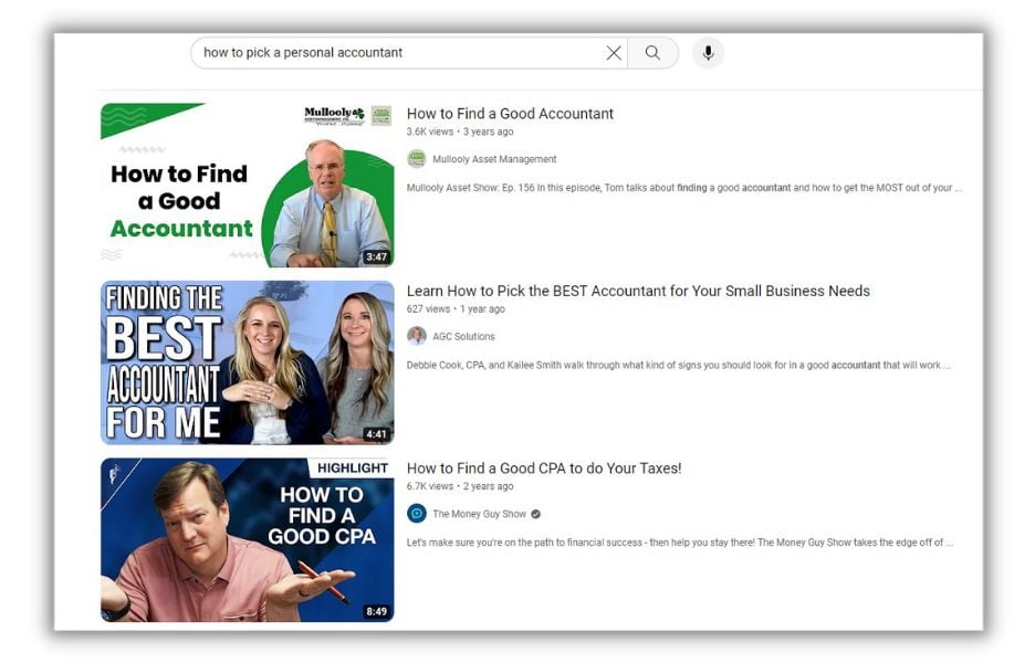 YouTube posting times - screenshot of a YouTube search for accountantsl