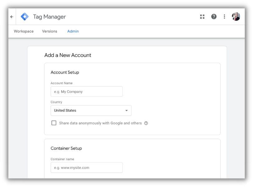 homepage to create google tag manager account
