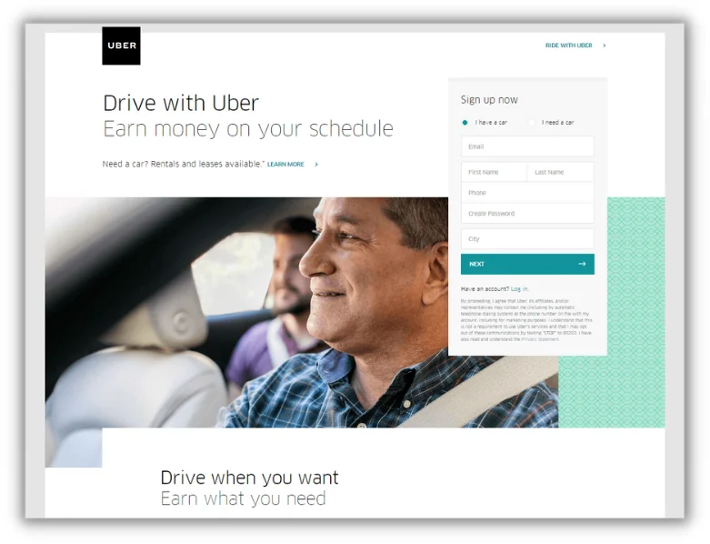 email list - example landing page from uber