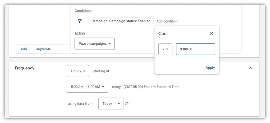 google ads automated rules - campaign spend example