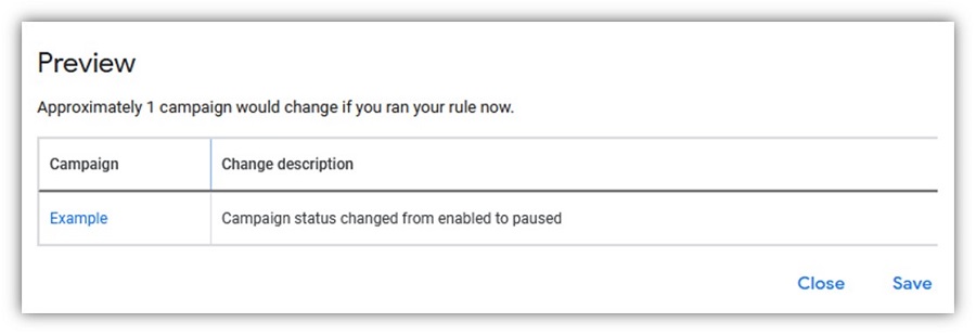 google ads automated rules - rule preview screenshot