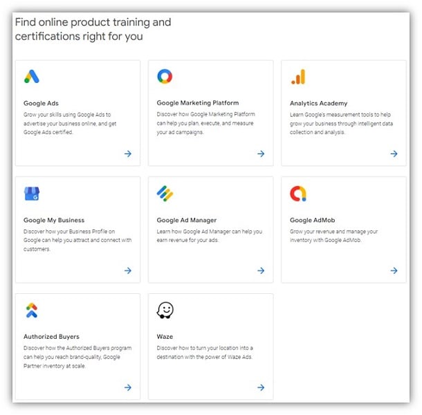 google ads training courses - screenshot of all available google skillshop courses