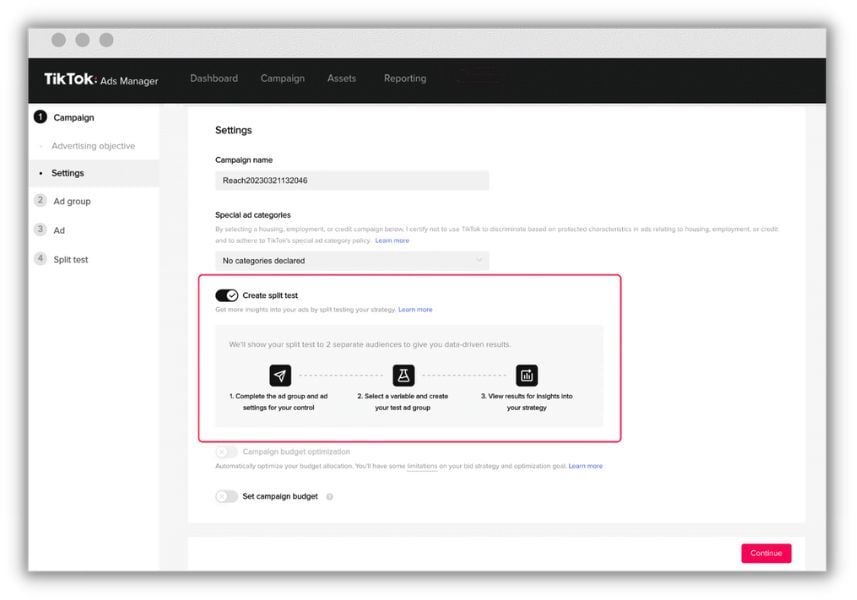 tiktok marketing - split test set up in tiktok ads manager