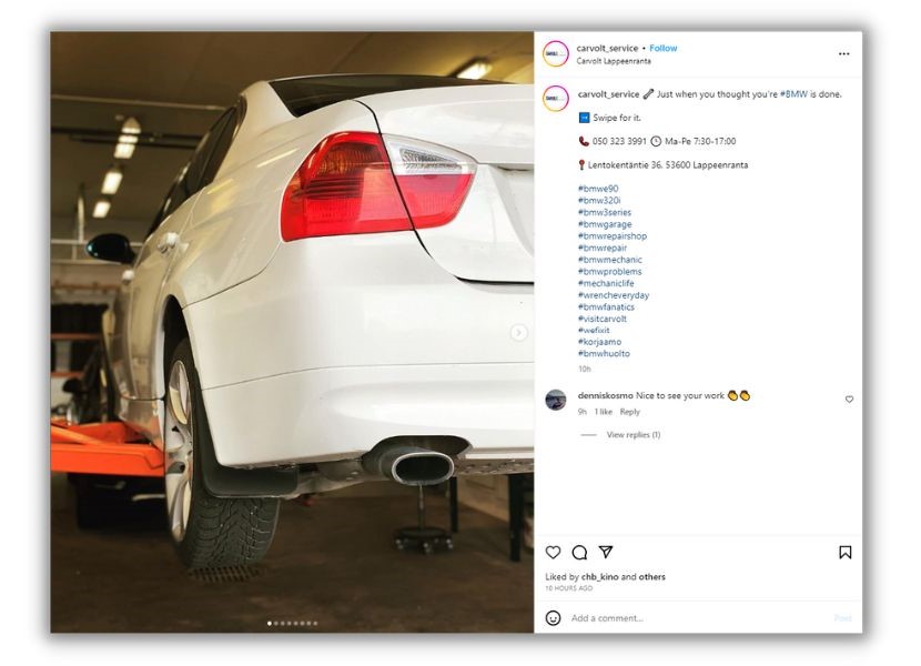Хэштеги Instagram — пост в Instagram с изображением автомобиля на подъемнике