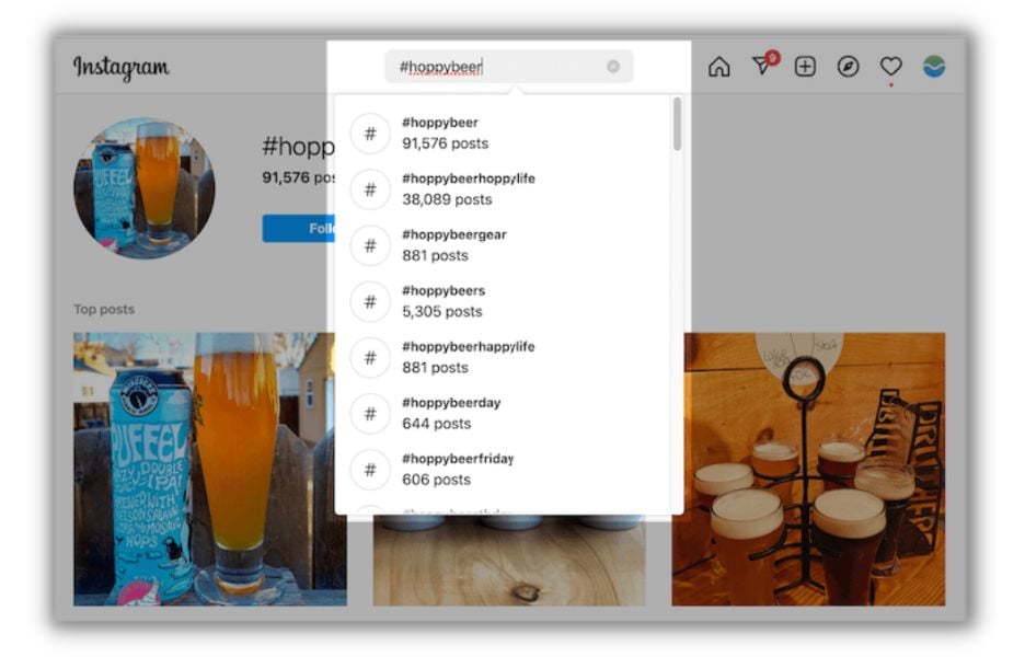 Instagram hashtags - drop down instagram search 