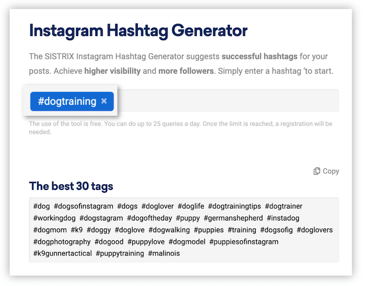 Instagram hashtags - screenshot of the Instagram hashtag generator