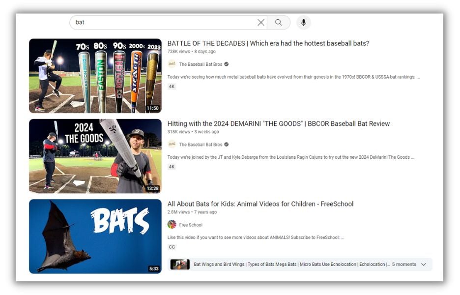 YouTube algorithm - YouTube search results for word bats