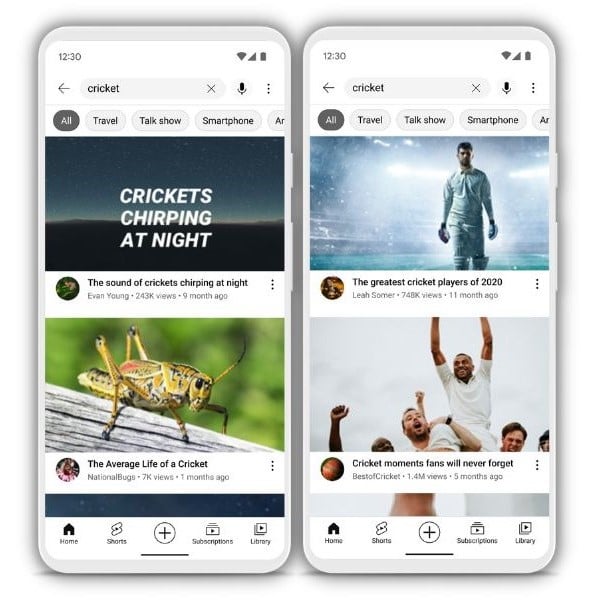 YouTube algorithm - two results for the word Cricket in Youtube