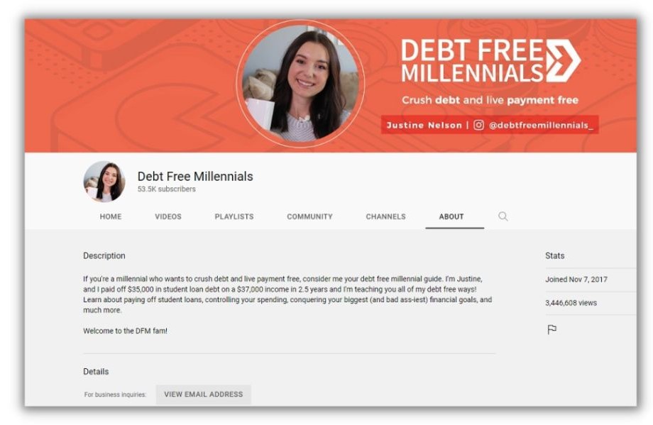 Content creator - screenshot of debt free millennial landing page