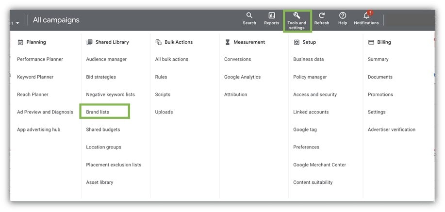 google ads restrictions - brand list under shared library
