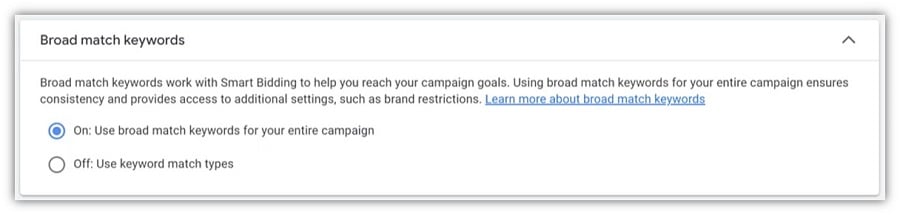 google ads restrictions - broad match keyword application