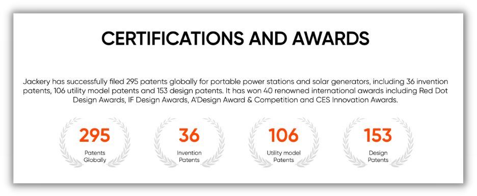 increase conversion rates - include awards and certifications - example from jackery