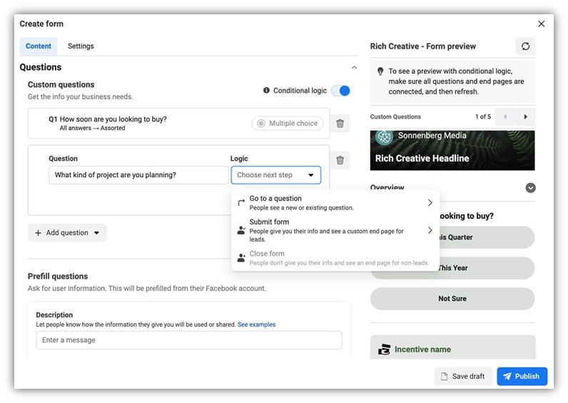 meta advertising announcements - conditional logic lead form example