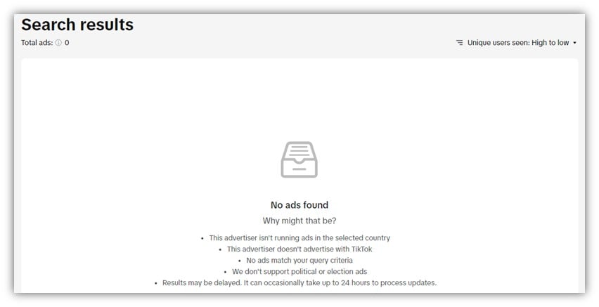 tiktok ads library - zero search results troubleshooting screen from tiktok