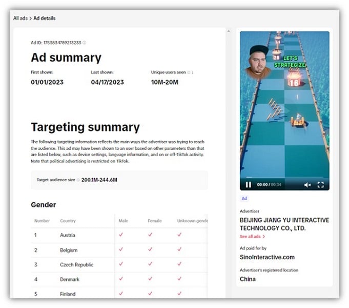tiktok ads library - tiktok ad targeting details
