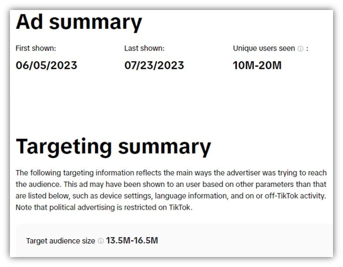 tiktok ads library - ad summary report