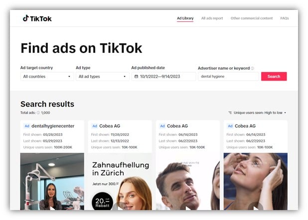 Пример главного экрана библиотеки рекламы TikTok