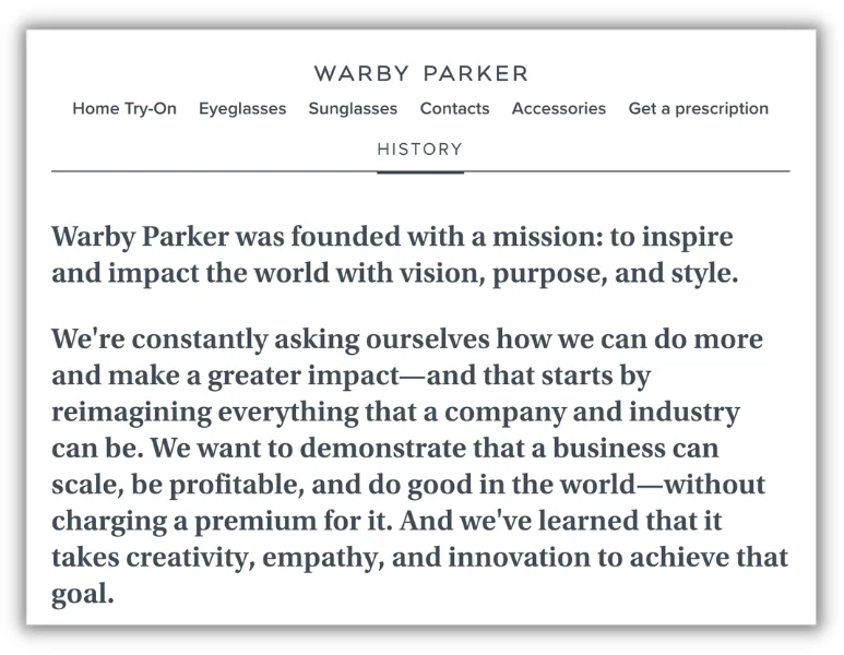 Пример заявления о миссии Warby Parker с веб-сайта