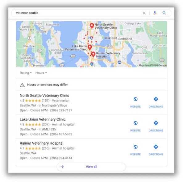 SEO vs. SEM - screenshot of Google's local 3-pack results