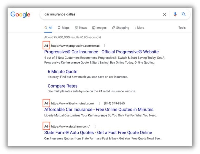 SEO vs. SEM - screenshot of google results showing ads