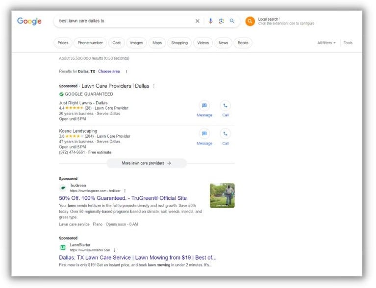 SEO vs. SEM - google results showing ads