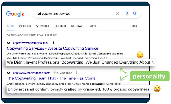 SEO vs. SEM - screenshot of google results showing creative ad copy