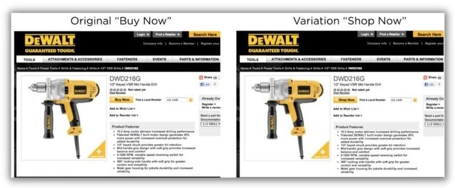 call to action - Comparision of two ads from Dewalt