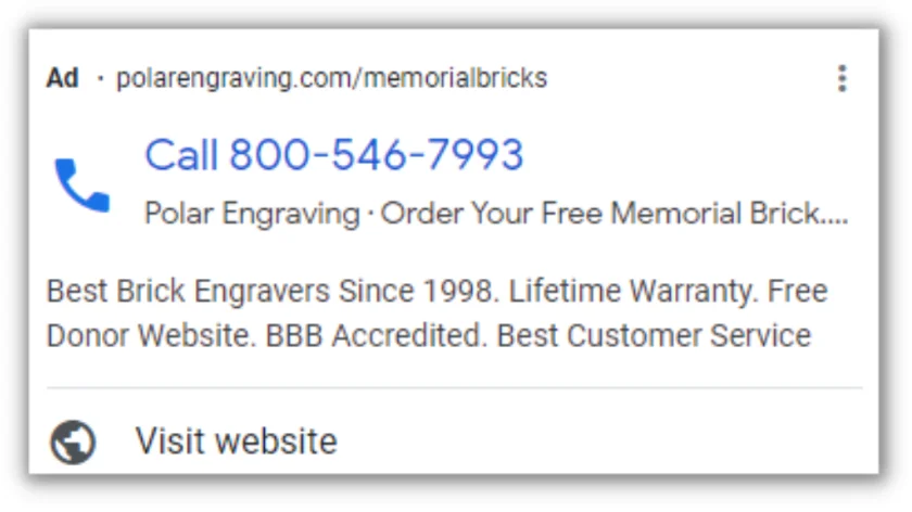google ads call conversions - call ad example from engraving company
