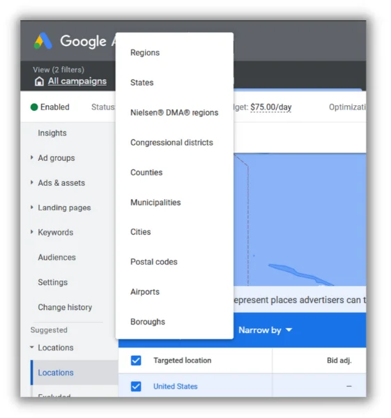narrow location in google ads location report