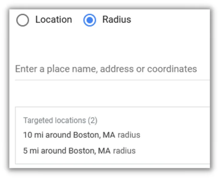 google ads location targeting - radius targeting setup screen