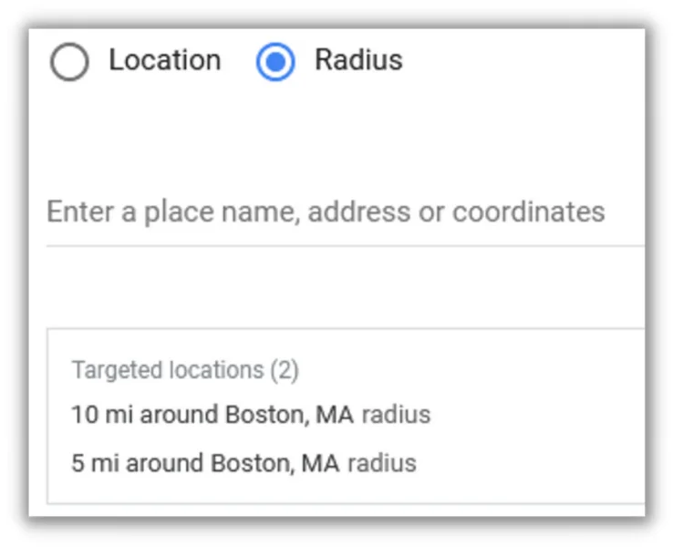 Геотаргетинг Google Ads – экран настройки таргетинга по радиусу