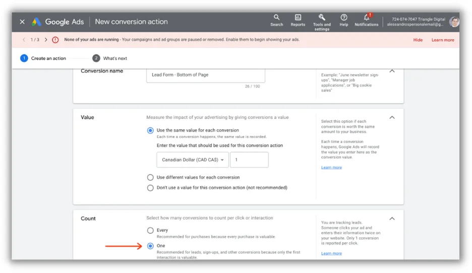 how to set up enhanced conversions for leads - set up count per interaction