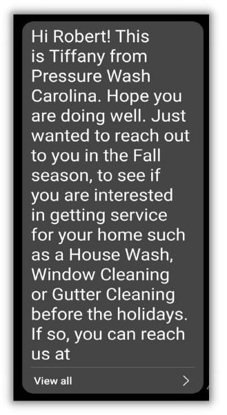 lead nurturing - reminder text from a home services company.