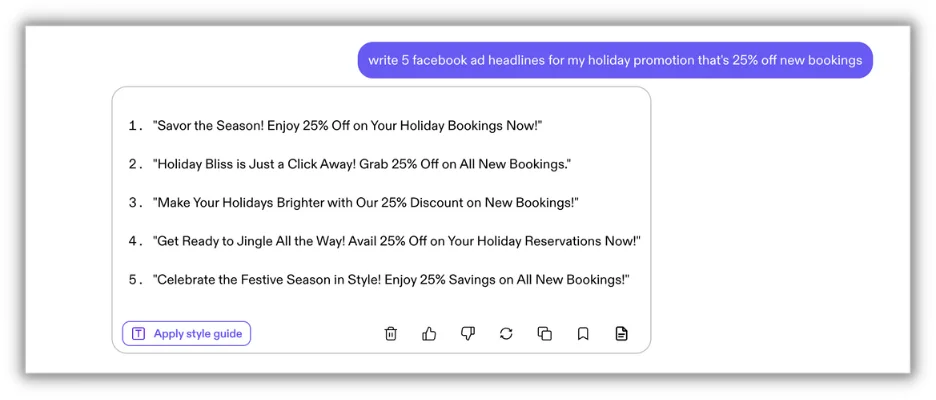 Праздничный маркетинг с использованием искусственного интеллекта — пример подсказки для праздничного рекламного объявления в Facebook