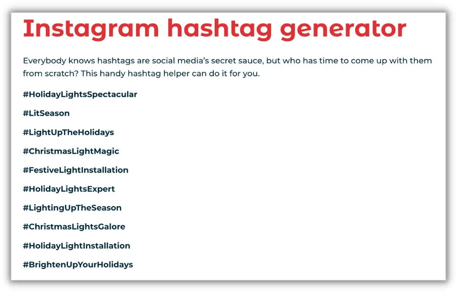 ai holiday marketing - hashtag generator example for holiday lights install post
