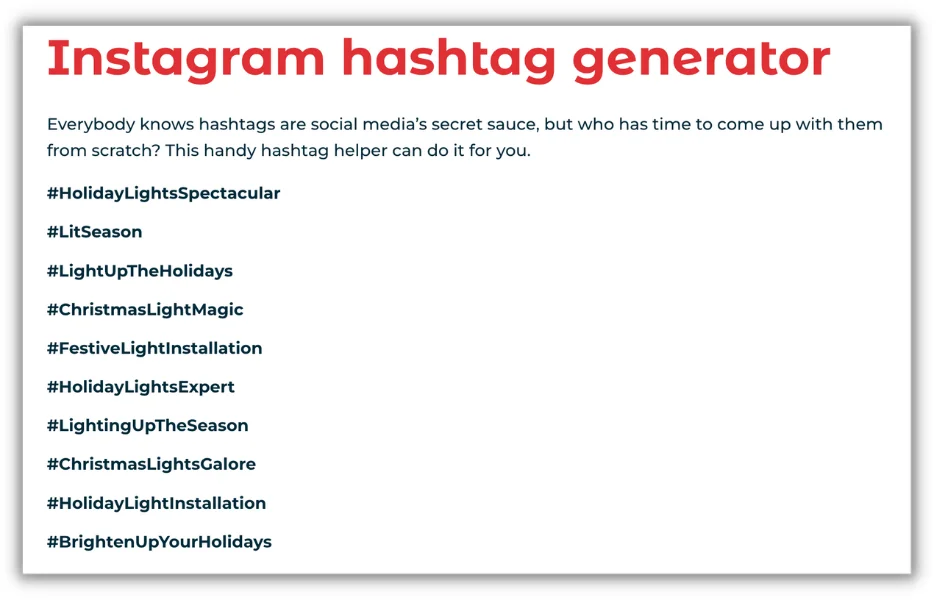 AI праздничный маркетинг — пример генератора хэштегов для поста об установке праздничных огней