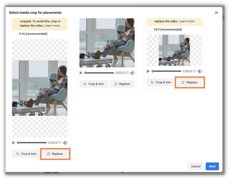 facebook video ad sizing and resizing screenshot