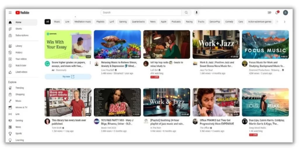 Content marketing trends - screenshot of the YouTube homepage