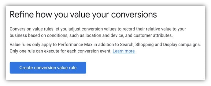 conversion value rules Google Ads statement
