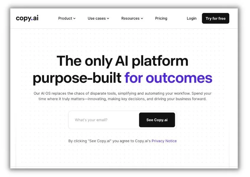 AI tools for marketing agency - Copy.ai homescreen.
