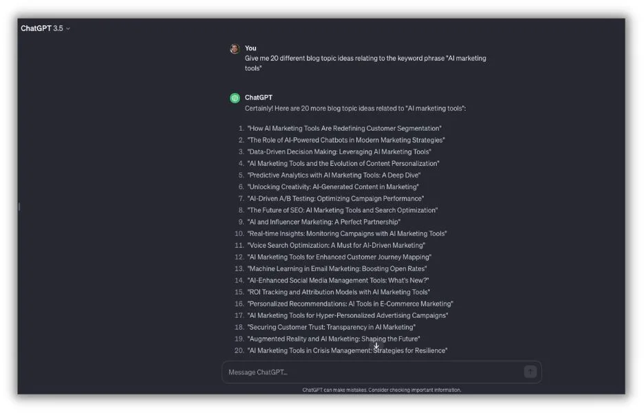 AI tools for marketing agency: Screenshot of a prompt and response from ChatGPT.