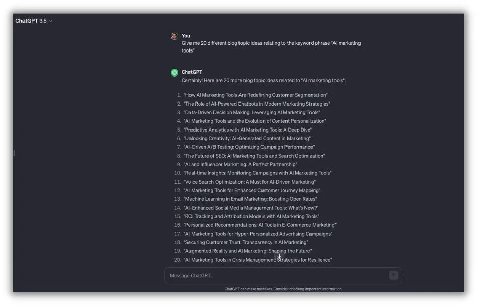 Инструменты искусственного интеллекта для маркетингового агентства: снимок экрана с подсказкой и ответом от ChatGPT.