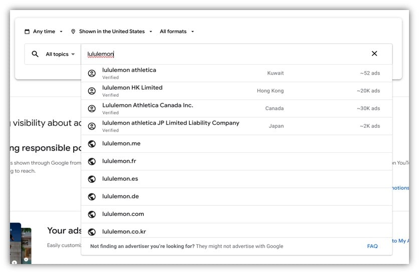 google ads library - example of searching lululemon in google ads transparency center
