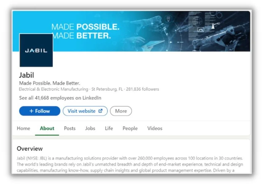 Social selling - Jabil LinkedIn profile.
