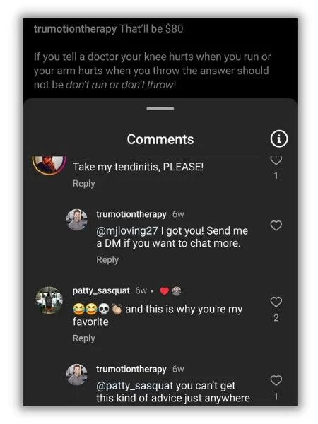 Social selling - Social media replies from TruMotion Therapy.